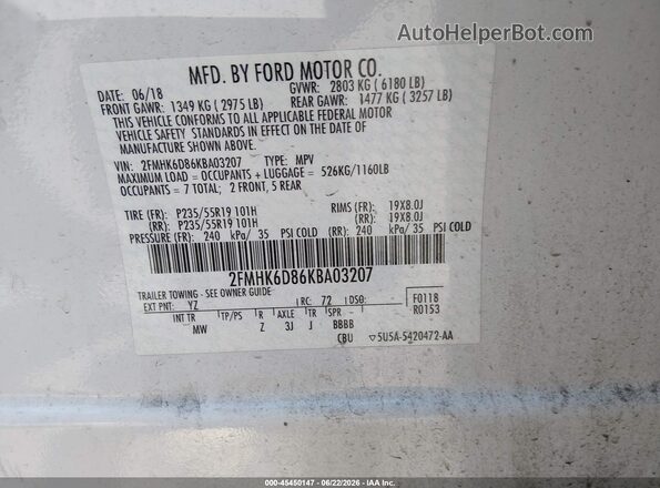 2FMHK6D86KBA03207 2019 FORD FLEX Белый Вид подкапотного пространства
