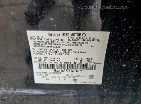 2FMHK6D87KBA04432 2019 FORD FLEX Black VIN կոդի պիտակի տեսք