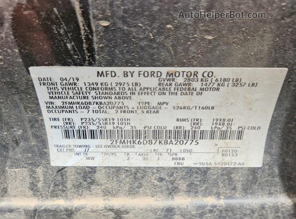 2FMHK6D87KBA20775 2019 FORD FLEX Gray Вид наклейки з VIN-кодом