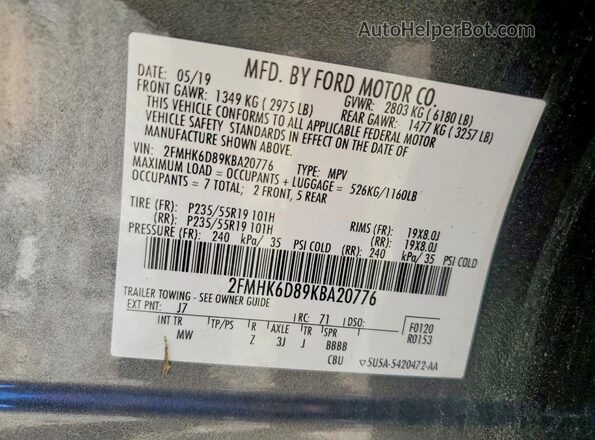 2FMHK6D89KBA20776 2019 FORD FLEX Silver Вид підкапотного простору
