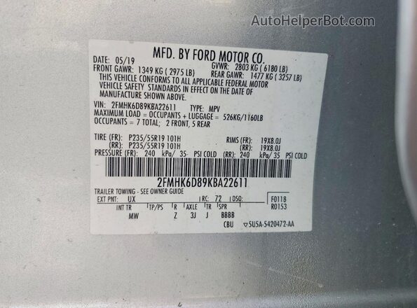 2FMHK6D89KBA22611 2019 FORD FLEX Silver Вид наклейки з VIN-кодом