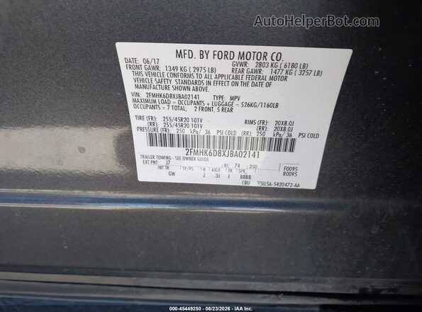 2FMHK6D8XJBA02141 2018 FORD FLEX Gray ძრავის განყოფილების ხედი