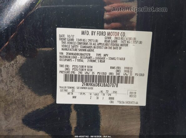 2FMHK6D8XJBA07078 2018 FORD FLEX Black Вид підкапотного простору