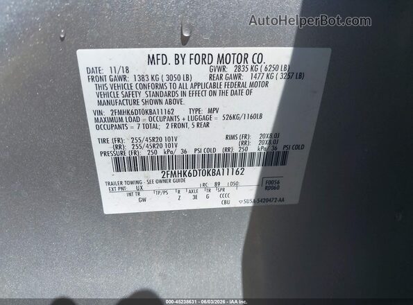 2FMHK6DT0KBA11162 2019 FORD FLEX Silver Vista del compartimento del motor