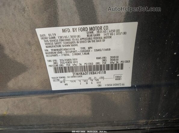2FMHK6DT1KBA14118 2019 FORD FLEX Gray ძრავის განყოფილების ხედი