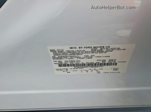 2FMHK6DT7JBA02151 2018 FORD FLEX White VIN sticker view