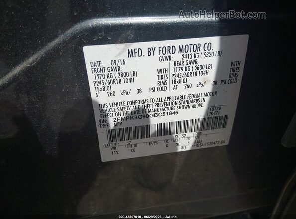 2FMPK3G90GBC51846 2016 FORD EDGE Gray Engine compartment view