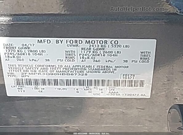 2FMPK3G90HBB87325 2017 FORD EDGE Gray Շարժիչի բաժամունքի տեսք