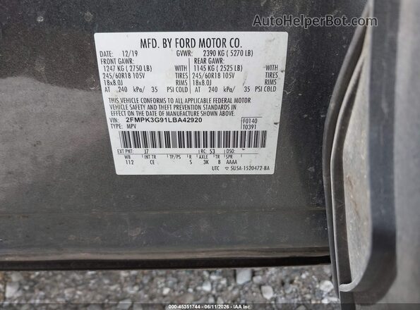 2FMPK3G91LBA42920 2020 FORD EDGE Gray Вид наклейки з VIN-кодом