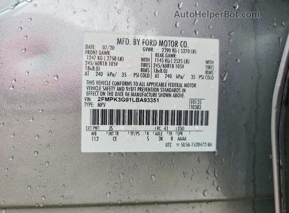 2FMPK3G91LBA93351 2020 FORD EDGE Silver Vista del compartimento del motor