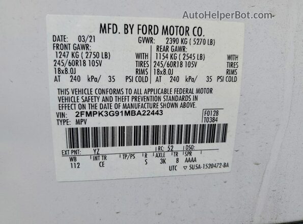 2FMPK3G91MBA22443 2021 FORD EDGE White VIN կոդի պիտակի տեսք