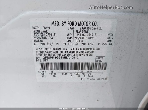 2FMPK3G91MBA40912 2021 FORD EDGE White Շարժիչի բաժամունքի տեսք