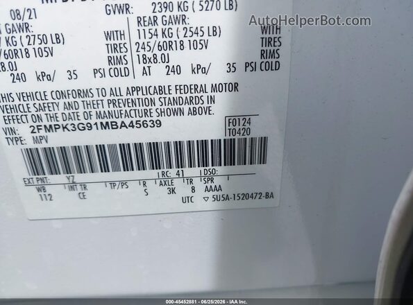 2FMPK3G91MBA45639 2021 FORD EDGE White Շարժիչի բաժամունքի տեսք