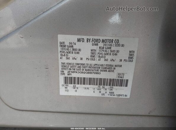 2FMPK3G92GBB70993 2016 FORD EDGE Silver Vista del compartimento del motor