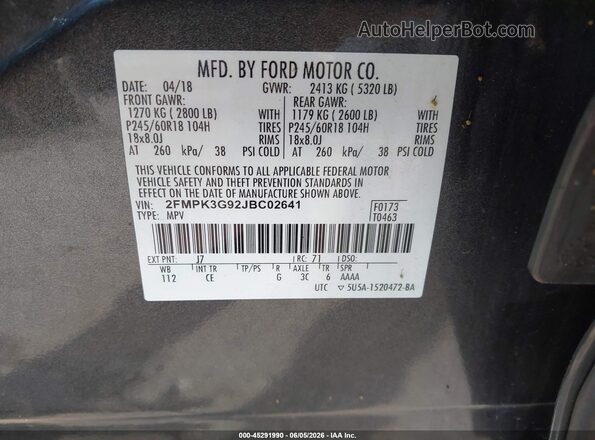 2FMPK3G92JBC02641 2018 FORD EDGE Gray Շարժիչի բաժամունքի տեսք