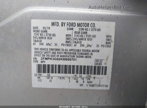 2FMPK3G92KBB89701 2019 FORD EDGE Silver Շարժիչի բաժամունքի տեսք
