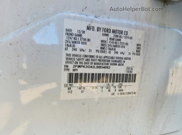 2FMPK3G92LBB54092 2020 FORD EDGE White Вид наклейки з VIN-кодом