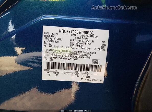 2FMPK3G92MBA16442 2021 FORD EDGE Blue Widok komory silnika