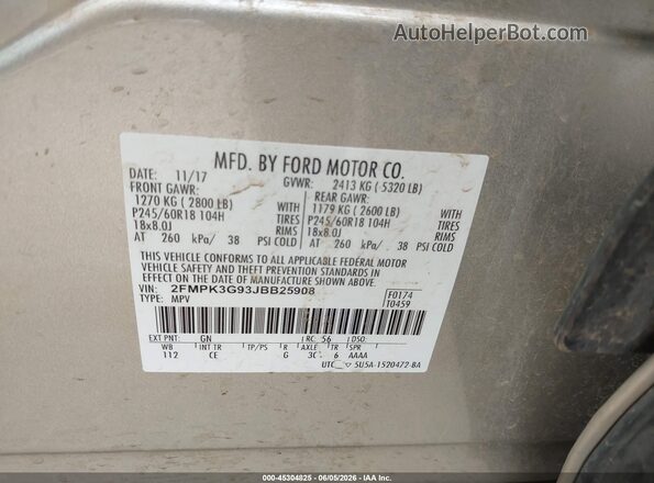 2FMPK3G93JBB25908 2018 FORD EDGE Tan Շարժիչի բաժամունքի տեսք