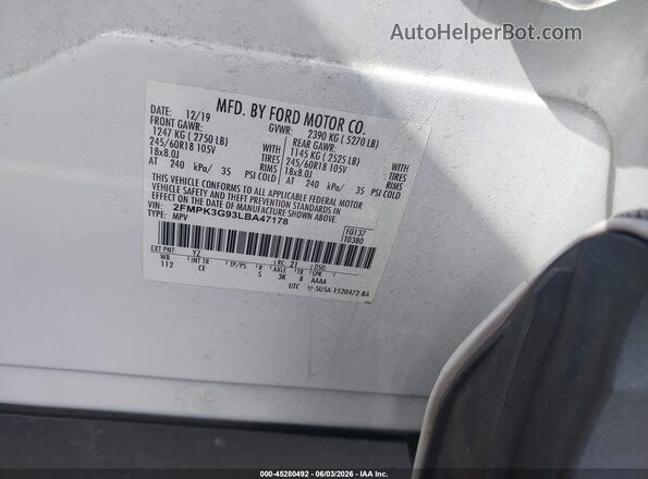 2FMPK3G93LBA47178 2020 FORD EDGE White ძრავის განყოფილების ხედი