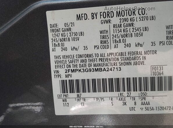 2FMPK3G93MBA24713 2021 FORD EDGE Gray Widok komory silnika