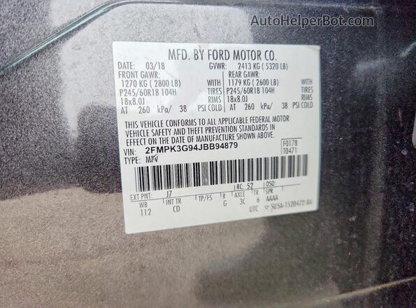 2FMPK3G94JBB94879 2018 FORD EDGE Charcoal Շարժիչի բաժամունքի տեսք