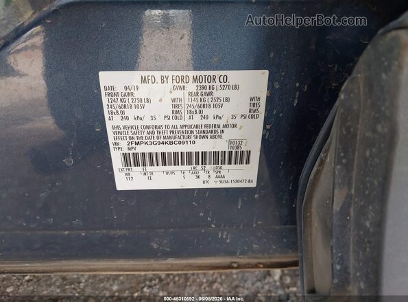 2FMPK3G94KBC09110 2019 FORD EDGE Blue Engine compartment view
