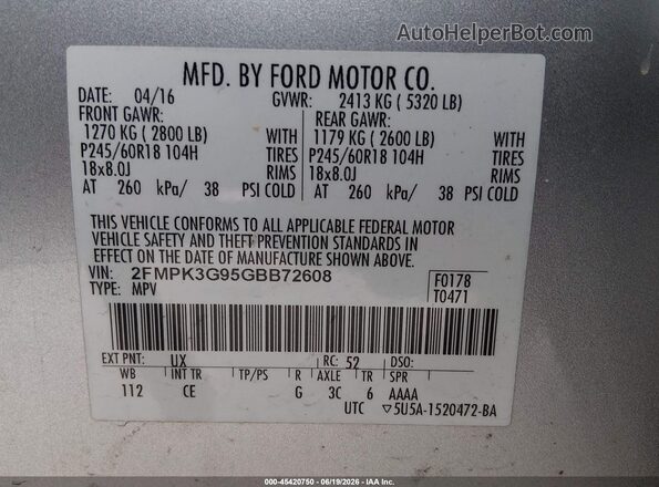 2FMPK3G95GBB72608 2016 FORD EDGE Серебряный Вид подкапотного пространства