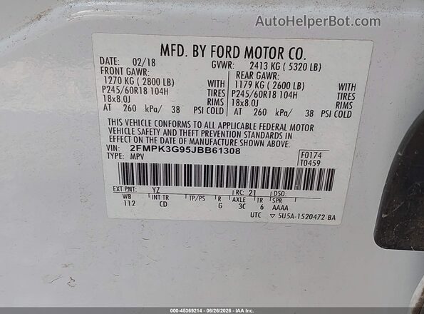 2FMPK3G95JBB61308 2018 FORD EDGE White Շարժիչի բաժամունքի տեսք
