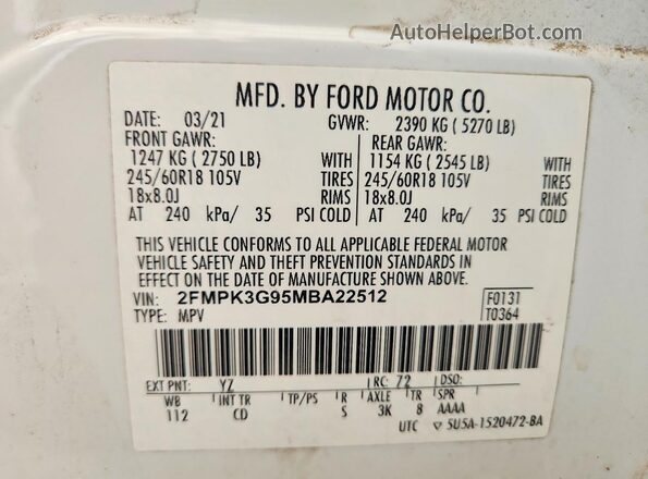 2FMPK3G95MBA22512 2021 FORD EDGE Белый Панорамный вид салона 360°