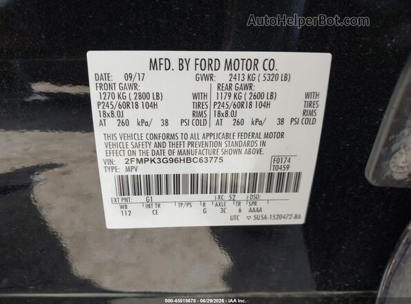 2FMPK3G96HBC63775 2017 FORD EDGE Black Вид підкапотного простору