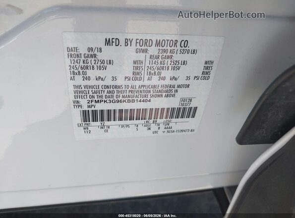 2FMPK3G96KBB14404 2019 FORD EDGE White 