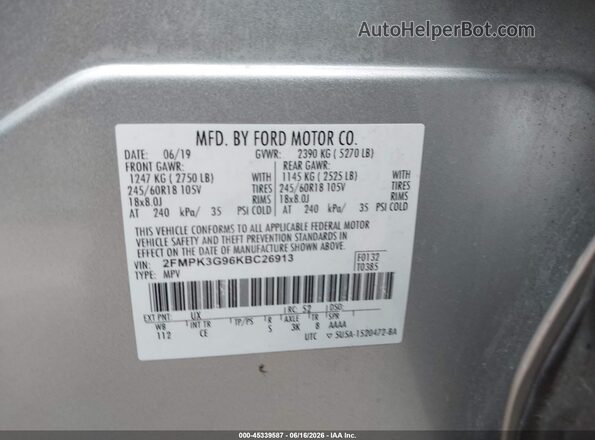 2FMPK3G96KBC26913 2019 FORD EDGE Silver ძრავის განყოფილების ხედი