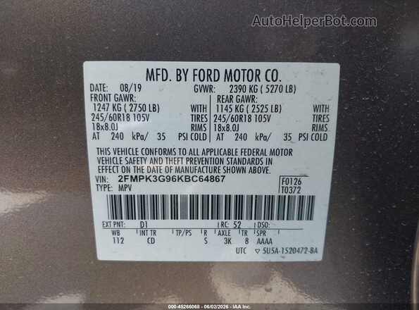 2FMPK3G96KBC64867 2019 FORD EDGE Brown Vista del compartimento del motor