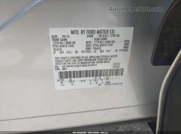 2FMPK3G97GBC51973 2016 FORD EDGE Серебряный Вид подкапотного пространства