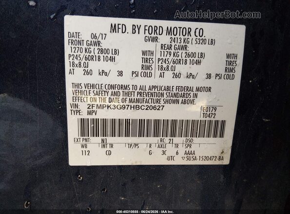 2FMPK3G97HBC20627 2017 FORD EDGE Blue Շարժիչի բաժամունքի տեսք