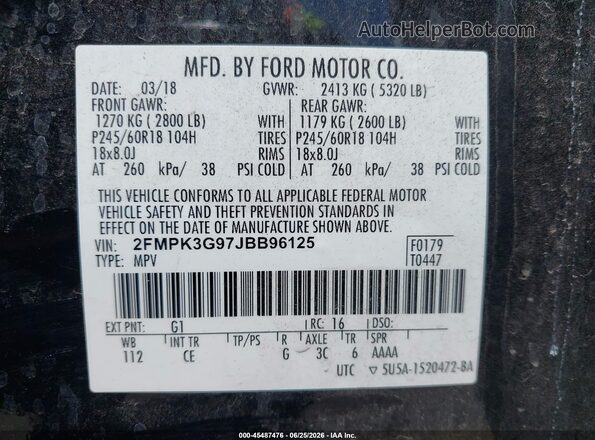 2FMPK3G97JBB96125 2018 FORD EDGE Black Vista del compartimento del motor