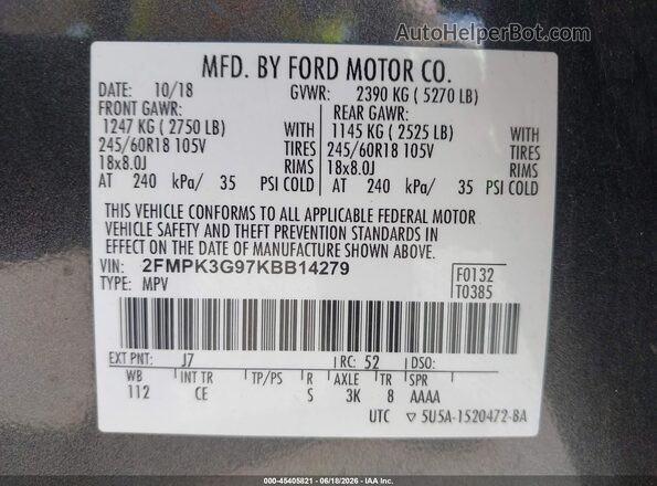 2FMPK3G97KBB14279 2019 FORD EDGE Silver ძრავის განყოფილების ხედი