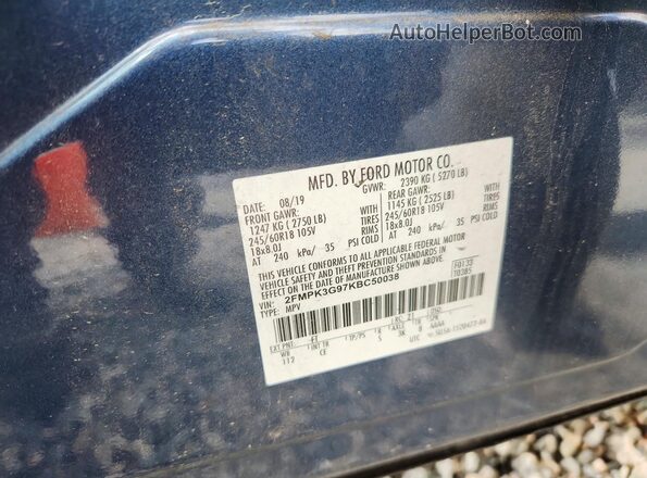 2FMPK3G97KBC50038 2019 FORD EDGE Blue VIN sticker view