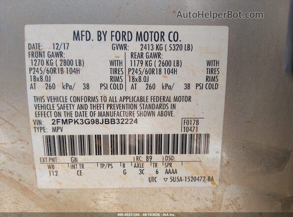 2FMPK3G98JBB32224 2018 FORD EDGE Beige Engine compartment view