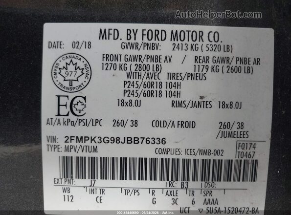 2FMPK3G98JBB76336 2018 FORD EDGE Gray Engine compartment view