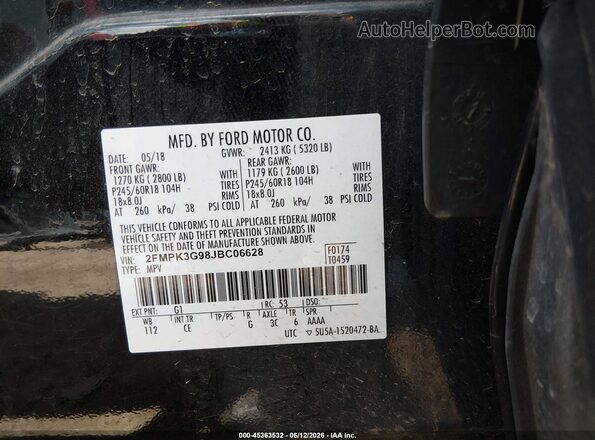 2FMPK3G98JBC06628 2018 FORD EDGE Черный Вид подкапотного пространства
