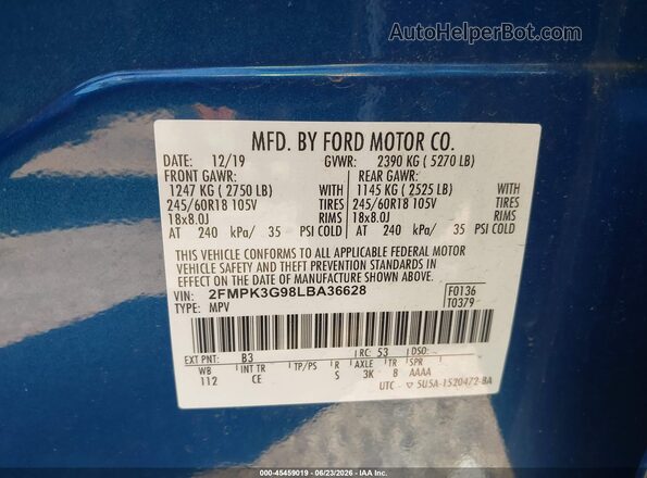 2FMPK3G98LBA36628 2020 FORD EDGE Blue Vista del compartimento del motor