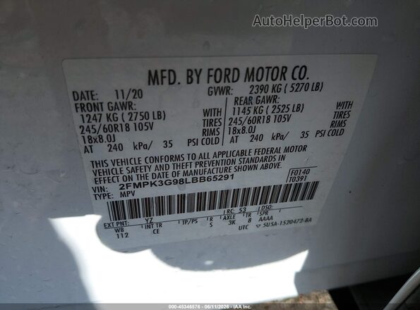 2FMPK3G98LBB65291 2020 FORD EDGE Белый Вид подкапотного пространства