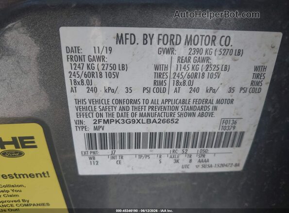 2FMPK3G9XLBA26652 2020 FORD EDGE Gray Widok komory silnika