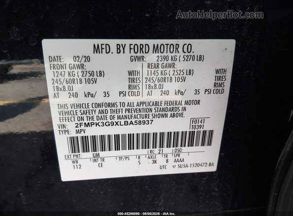 2FMPK3G9XLBA58937 2020 FORD EDGE Black Engine compartment view