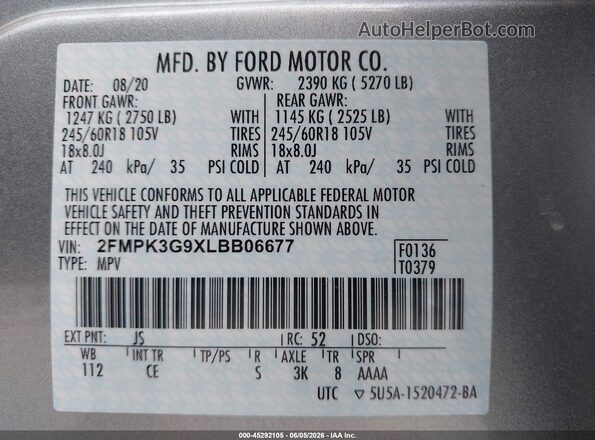 2FMPK3G9XLBB06677 2020 FORD EDGE Silver Engine compartment view