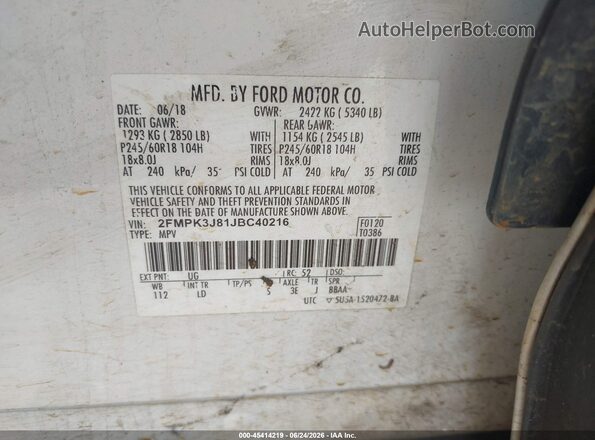 2FMPK3J81JBC40216 2018 FORD EDGE White Շարժիչի բաժամունքի տեսք