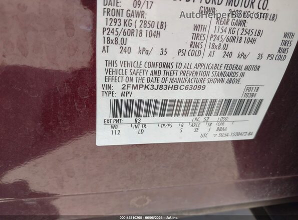 2FMPK3J83HBC63099 2017 FORD EDGE Burgundy Շարժիչի բաժամունքի տեսք