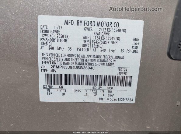 2FMPK3J85JBB26946 2018 FORD EDGE Gold Вид підкапотного простору